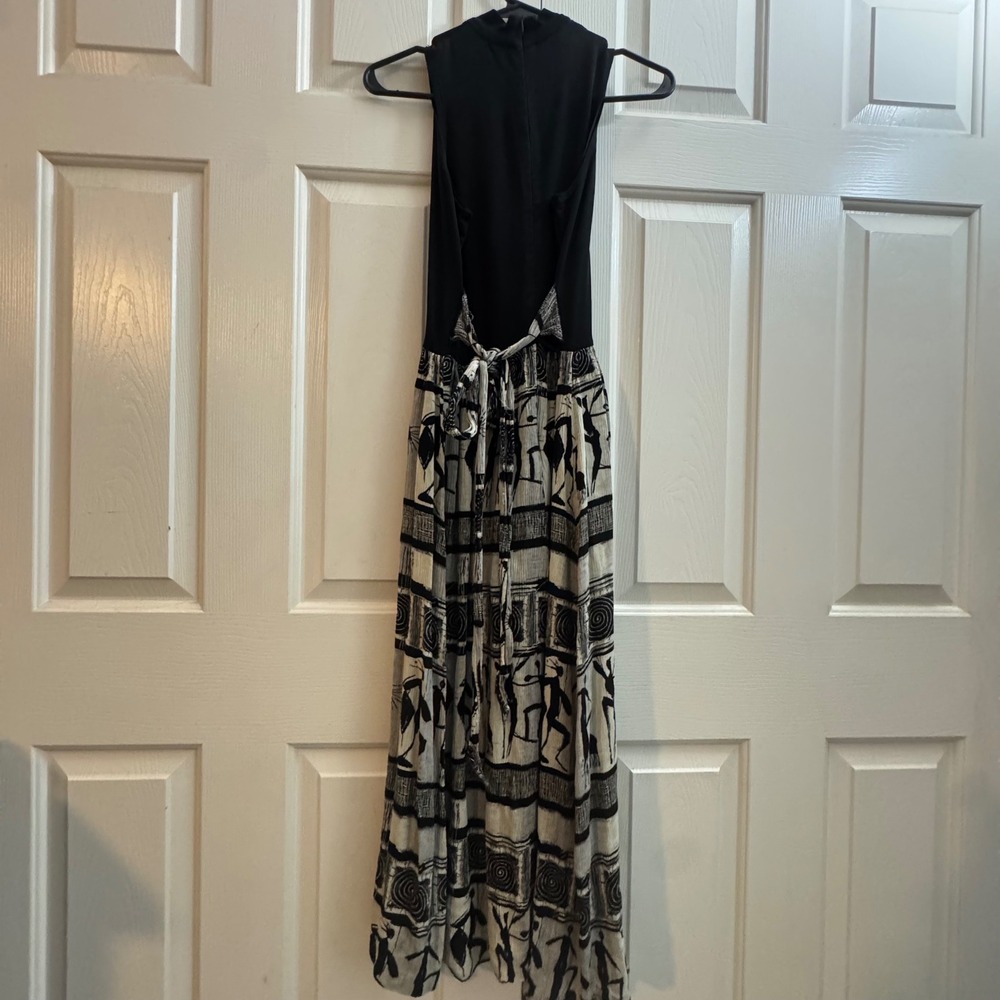 VTG Cache Maxi Dress 6 Black Ivory Tribal Print Art Deco Mock Neck Boho 90 - Picture 6 of 9